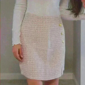 Baby Pink Plaid Button Detail Slit Hem Tweed Skirt